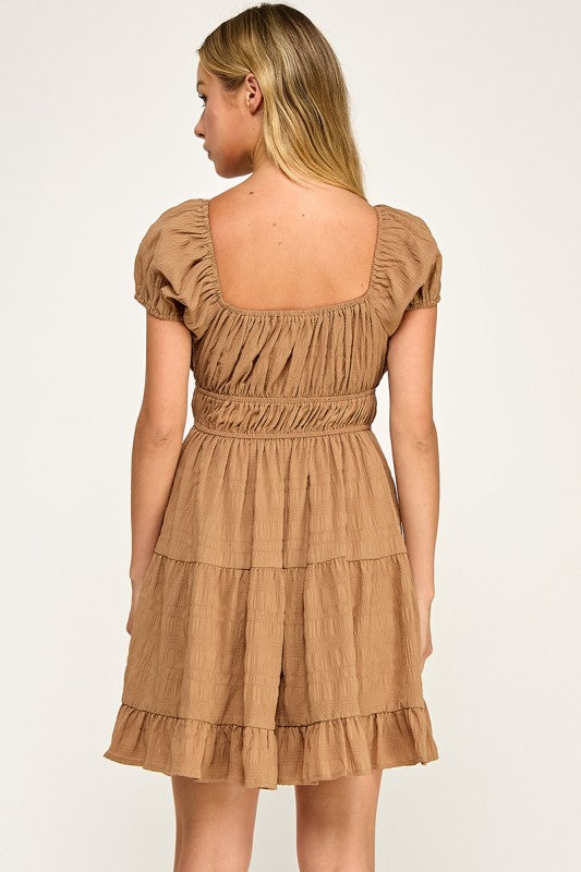 D5575 Textured Puff Sleeve Mini Dress