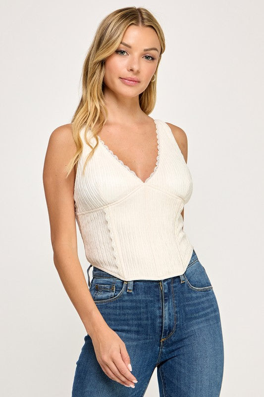 T5559 Madi Lace Trim Ribbed Corset Top