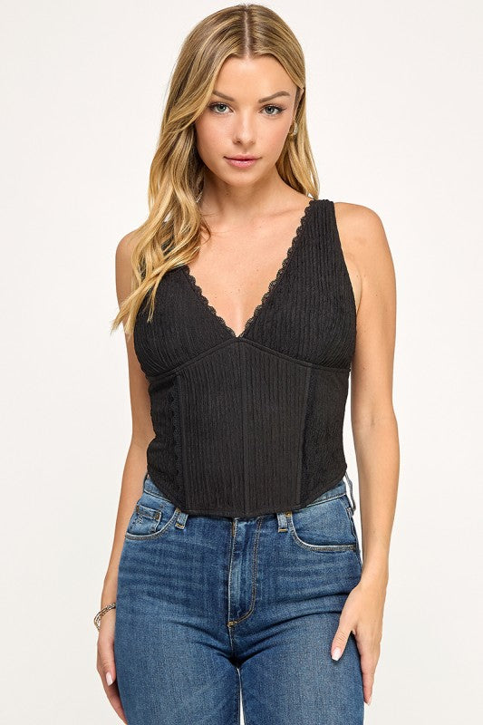 T5559 Madi Lace Trim Ribbed Corset Top