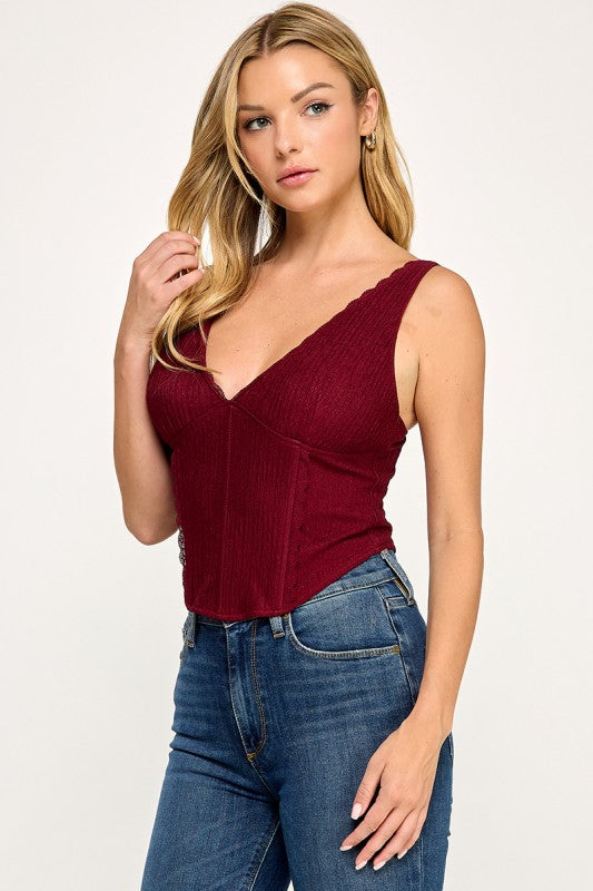 T5559 Madi Lace Trim Ribbed Corset Top