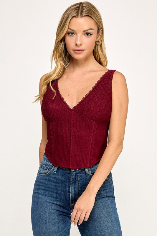 T5559 Madi Lace Trim Ribbed Corset Top