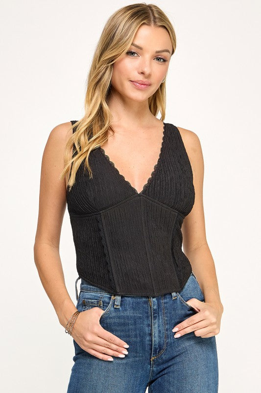 T5559 Madi Lace Trim Ribbed Corset Top