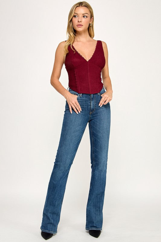 T5559 Madi Lace Trim Ribbed Corset Top