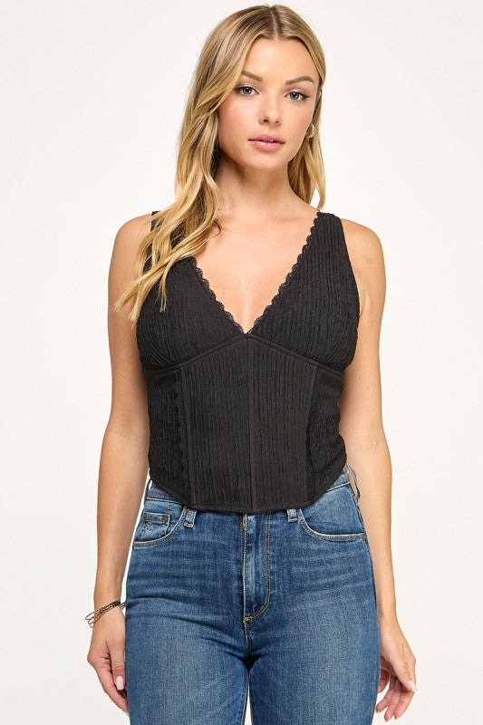 T5559 Madi Lace Trim Ribbed Corset Top