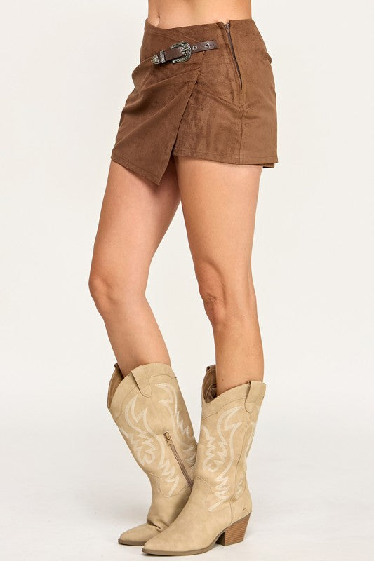 S5585 Western Faux Suede Belted Wrap Skort