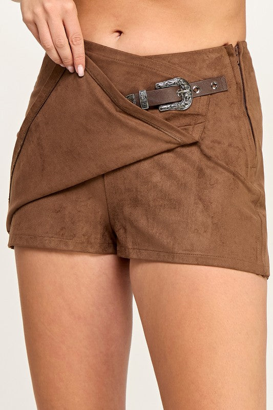 S5585 Western Faux Suede Belted Wrap Skort