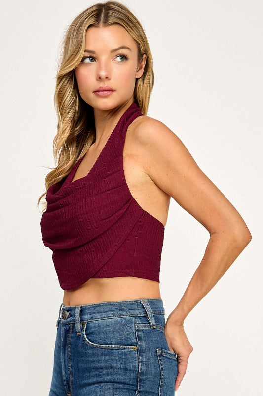 T5307 Textured Halter Drape Crop Top