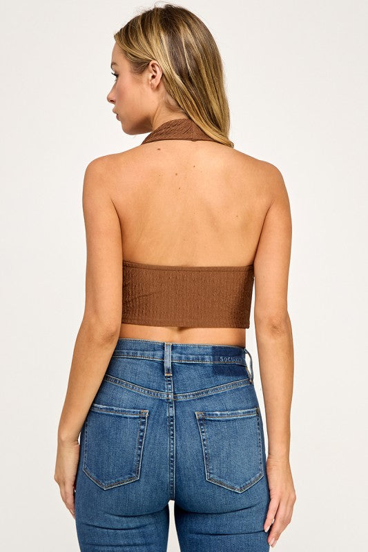 T5307 Textured Halter Drape Crop Top