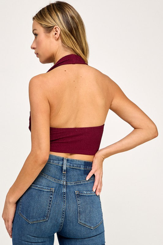 T5307 Textured Halter Drape Crop Top