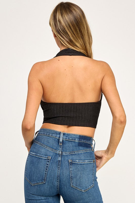 T5307 Textured Halter Drape Crop Top