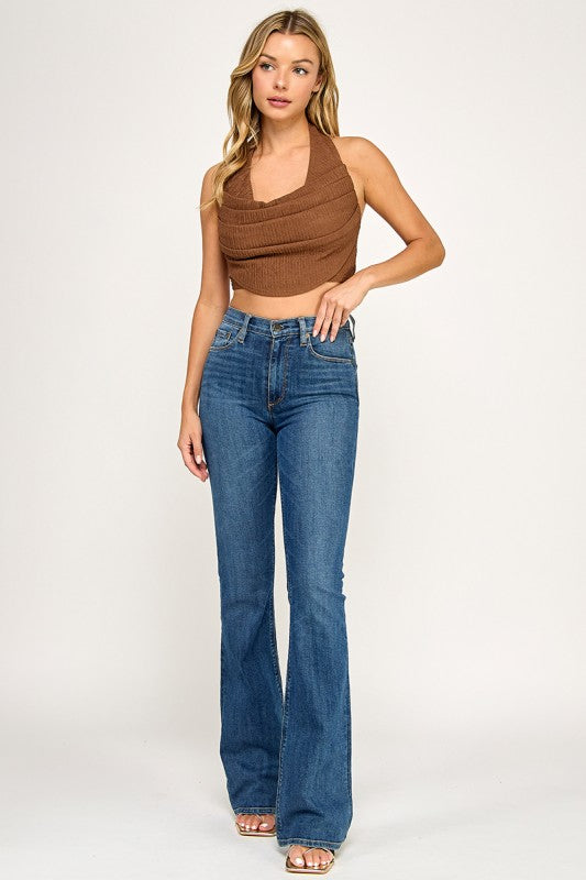 T5307 Textured Halter Drape Crop Top
