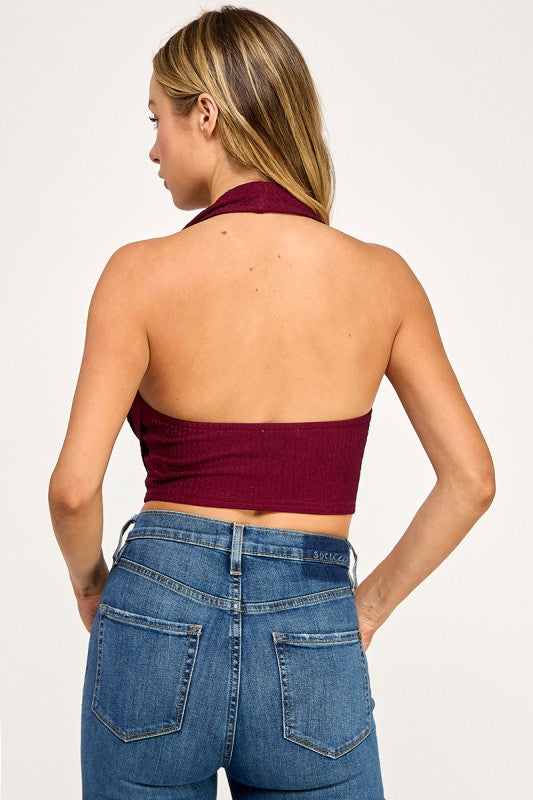 T5307 Textured Halter Drape Crop Top