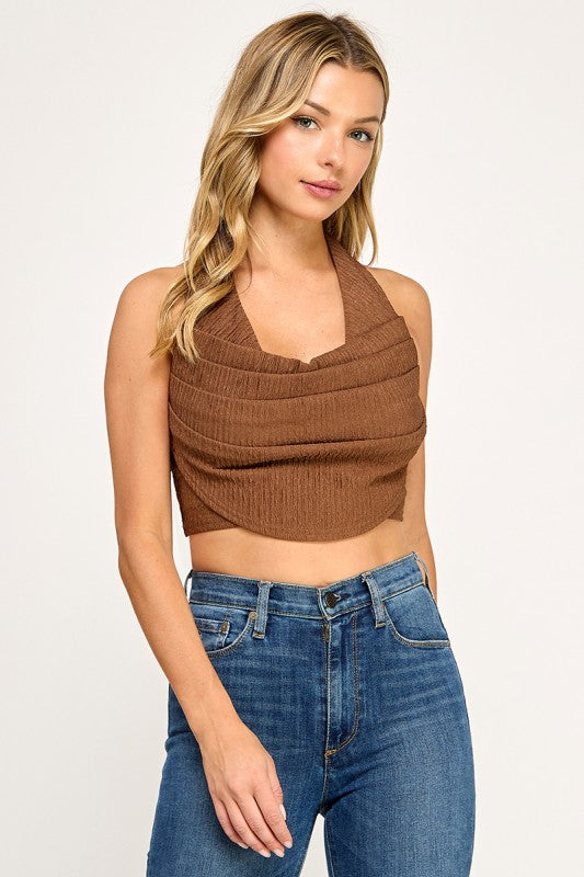 T5307 Textured Halter Drape Crop Top