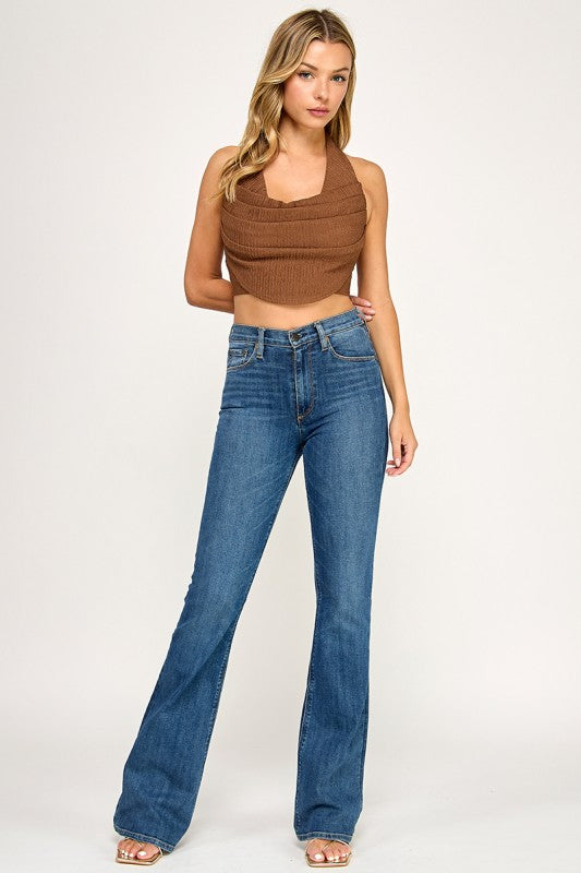 T5307 Textured Halter Drape Crop Top