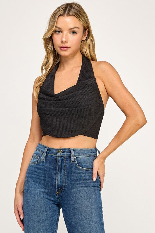 T5307 Textured Halter Drape Crop Top