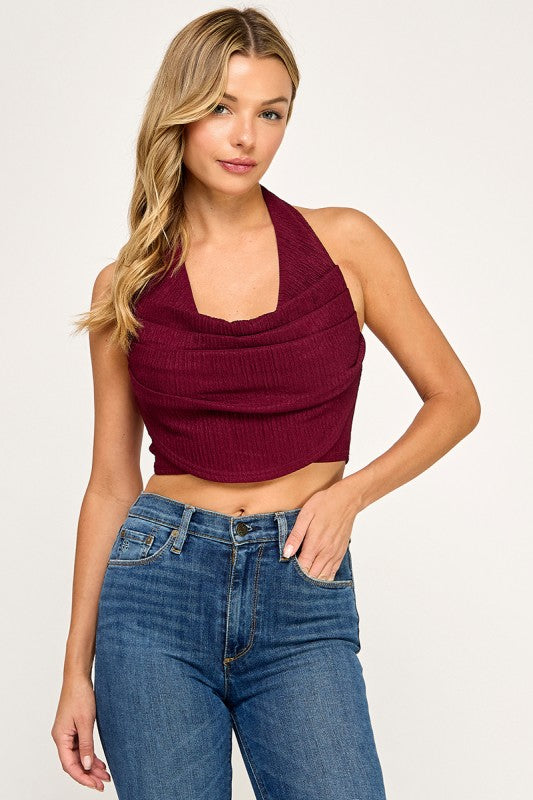 T5307 Textured Halter Drape Crop Top