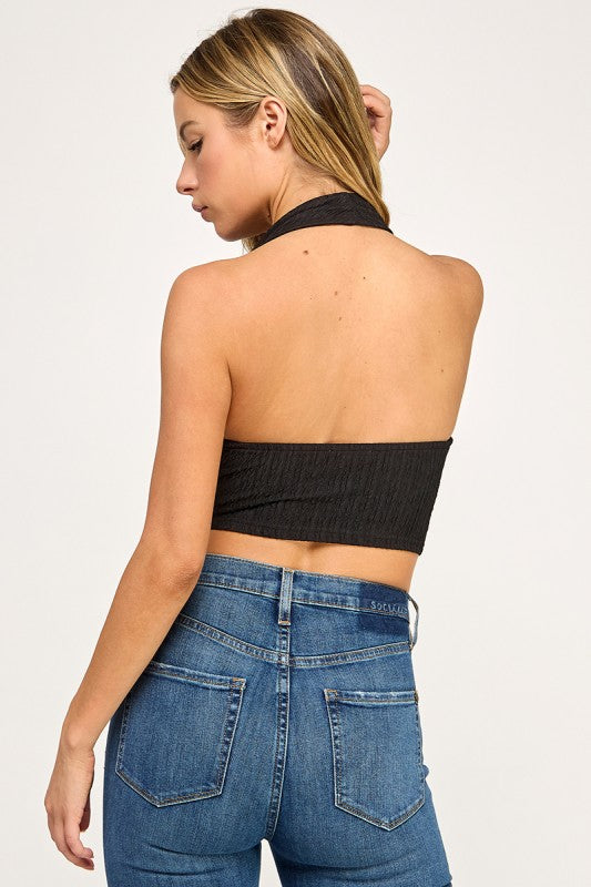T5307 Textured Halter Drape Crop Top