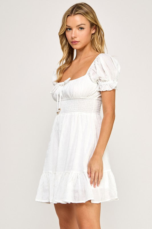 D5574 Smocked Off-Shoulder Ruffle Mini Dress