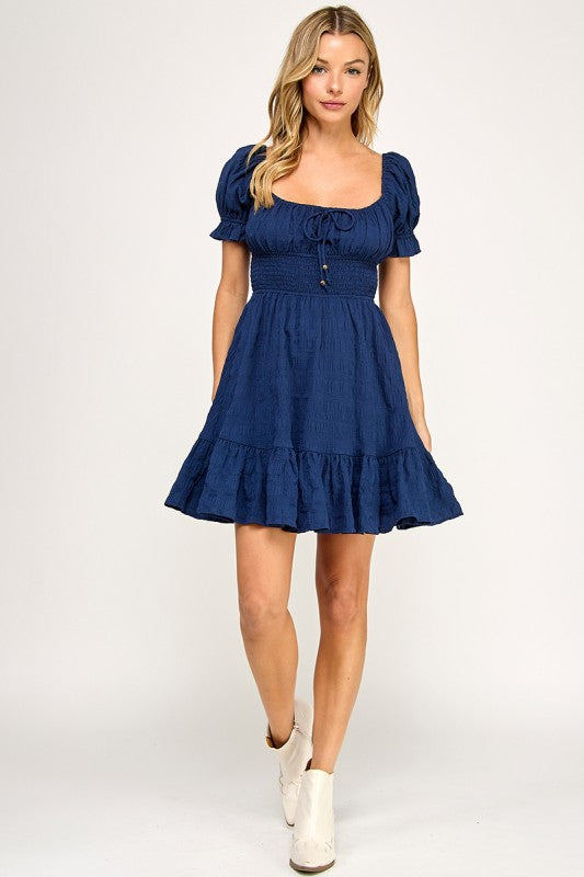 D5574 Smocked Off-Shoulder Ruffle Mini Dress