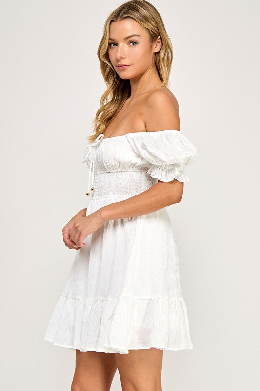 D5574 Smocked Off-Shoulder Ruffle Mini Dress