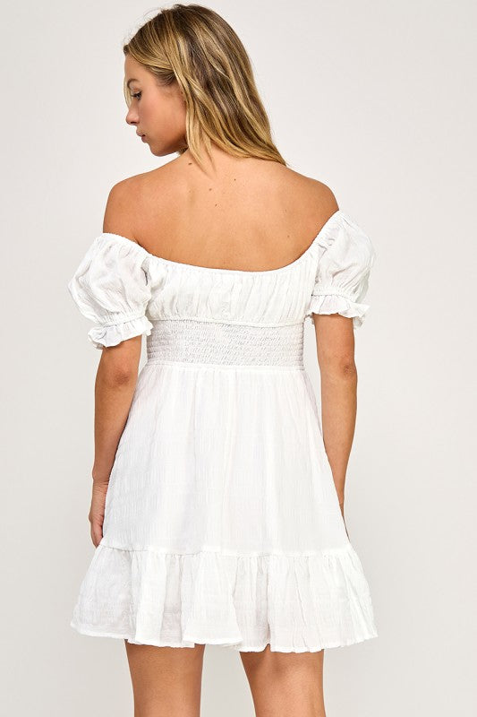 D5574 Smocked Off-Shoulder Ruffle Mini Dress