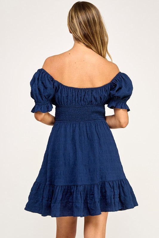 D5574 Smocked Off-Shoulder Ruffle Mini Dress