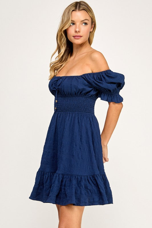 D5574 Smocked Off-Shoulder Ruffle Mini Dress