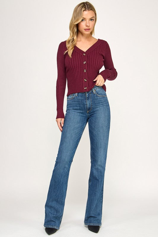 SW5621S Ribbed V-Neck Button Down Cardigan