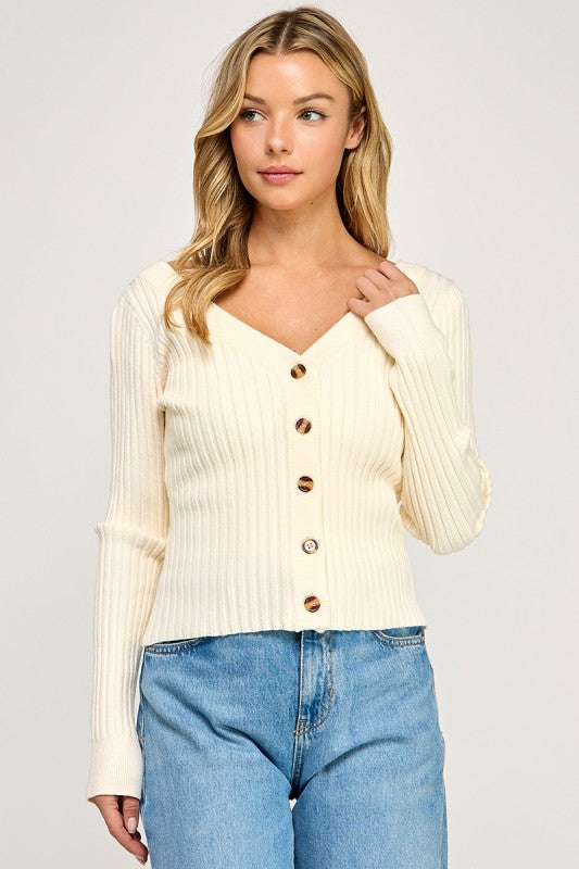 SW5621S Ribbed V-Neck Button Down Cardigan