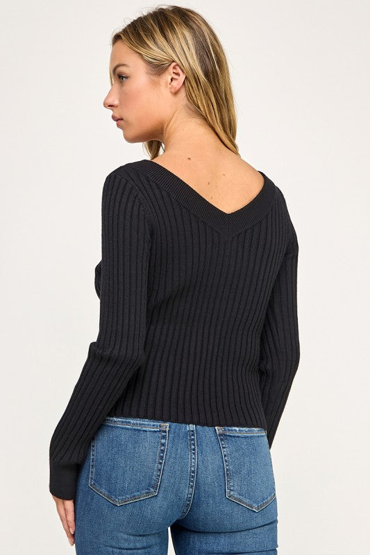 SW5621S Ribbed V-Neck Button Down Cardigan