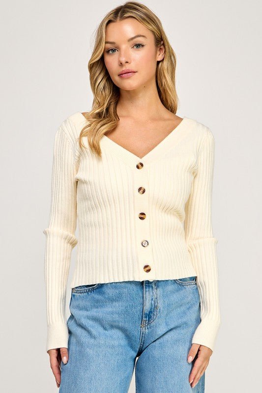 SW5621S Ribbed V-Neck Button Down Cardigan