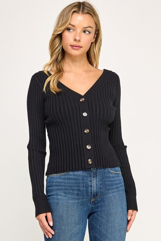 SW5621S Ribbed V-Neck Button Down Cardigan