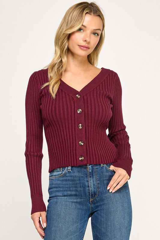 SW5621S Ribbed V-Neck Button Down Cardigan