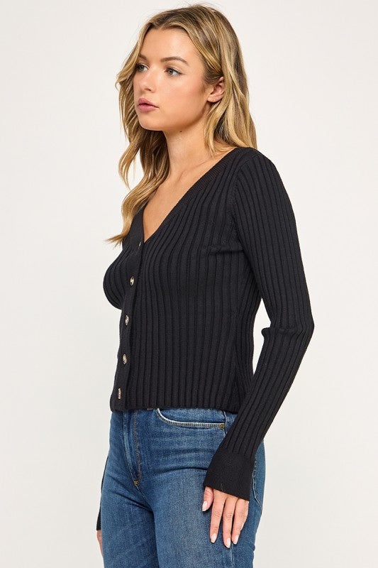 SW5621S Ribbed V-Neck Button Down Cardigan