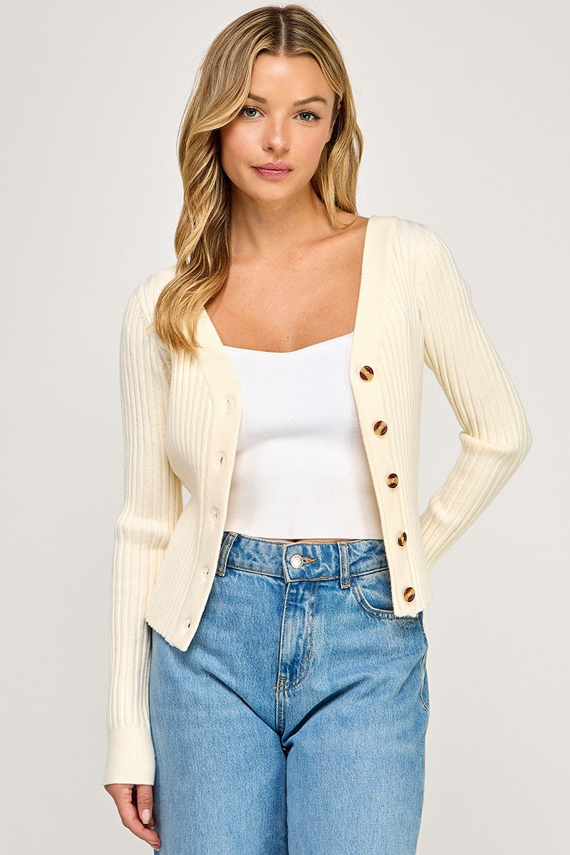 SW5621S Ribbed V-Neck Button Down Cardigan