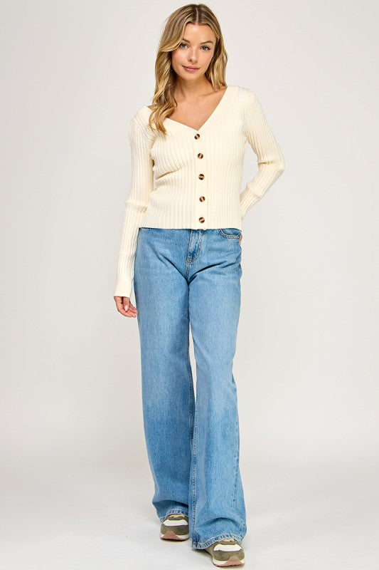 SW5621S Ribbed V-Neck Button Down Cardigan