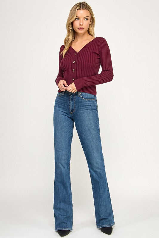 SW5621S Ribbed V-Neck Button Down Cardigan