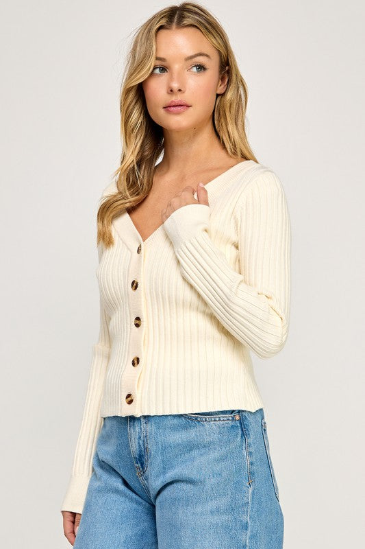 SW5621S Ribbed V-Neck Button Down Cardigan