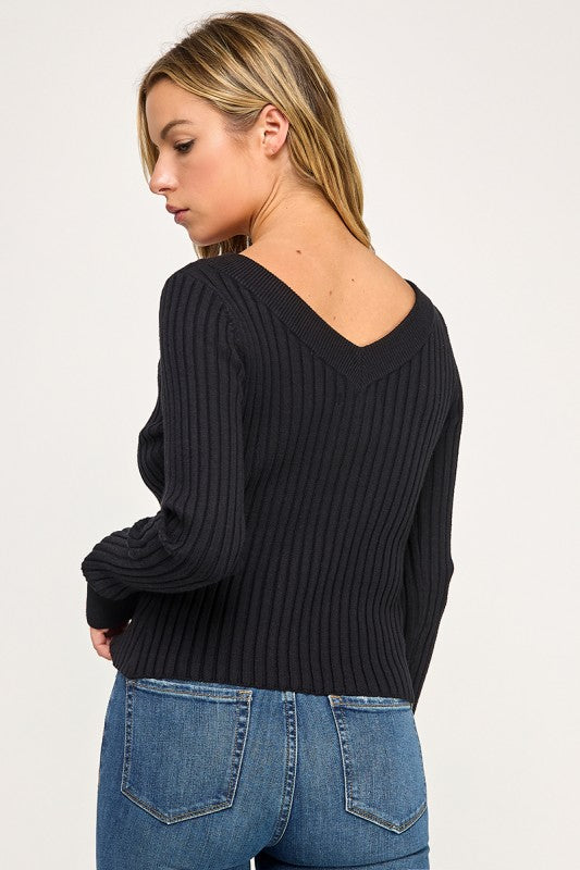 SW5621S Ribbed V-Neck Button Down Cardigan