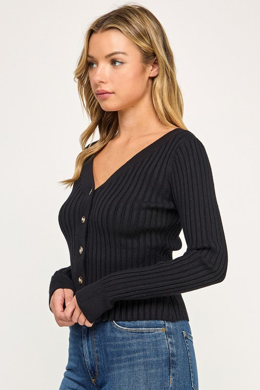 SW5621S Ribbed V-Neck Button Down Cardigan