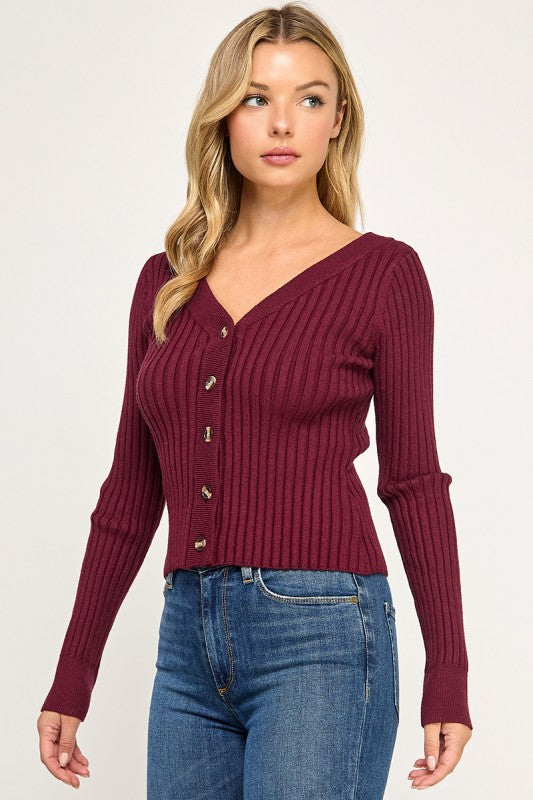 SW5621S Ribbed V-Neck Button Down Cardigan