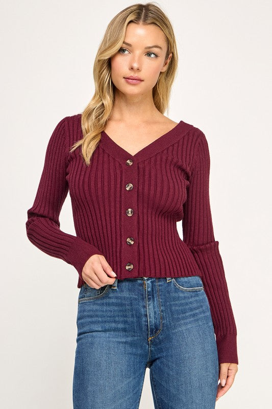 SW5621S Ribbed V-Neck Button Down Cardigan