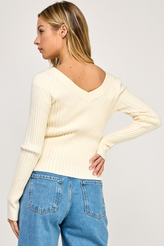 SW5621S Ribbed V-Neck Button Down Cardigan