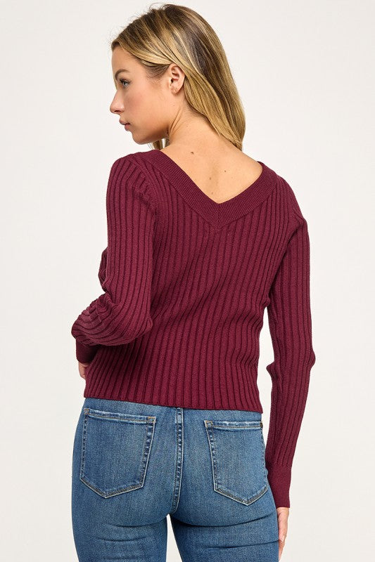 SW5621S Ribbed V-Neck Button Down Cardigan