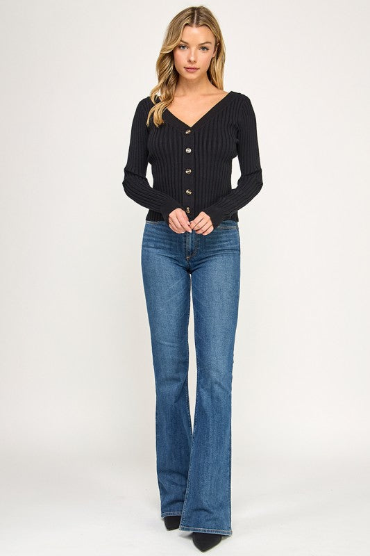 SW5621S Ribbed V-Neck Button Down Cardigan
