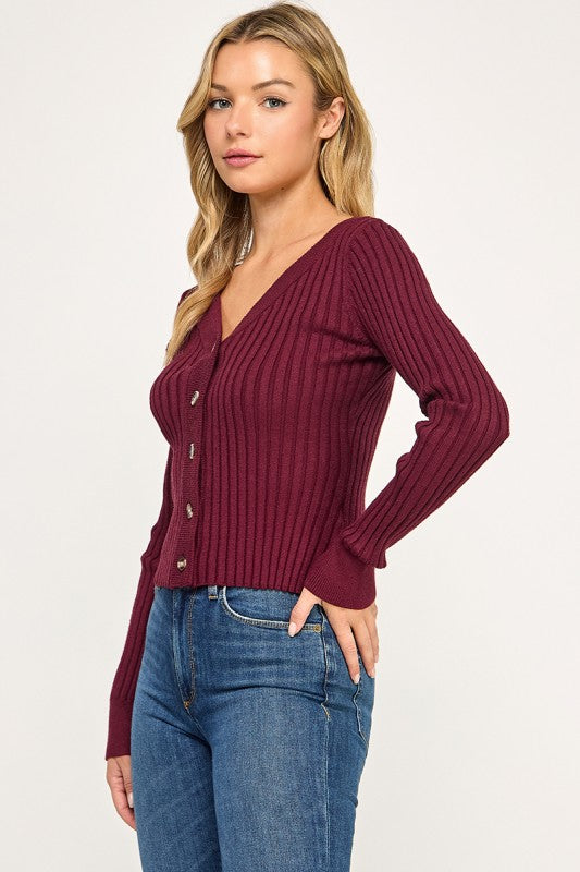 SW5621S Ribbed V-Neck Button Down Cardigan