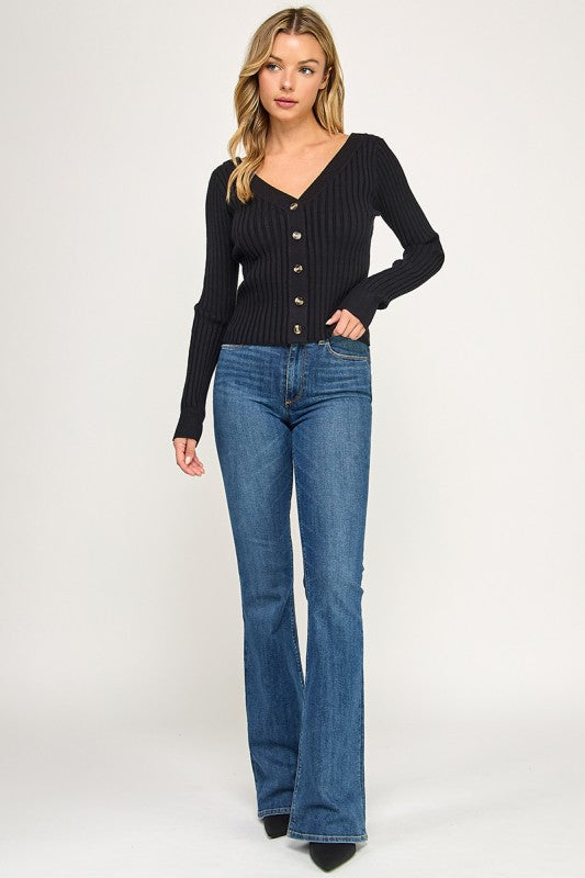 SW5621S Ribbed V-Neck Button Down Cardigan