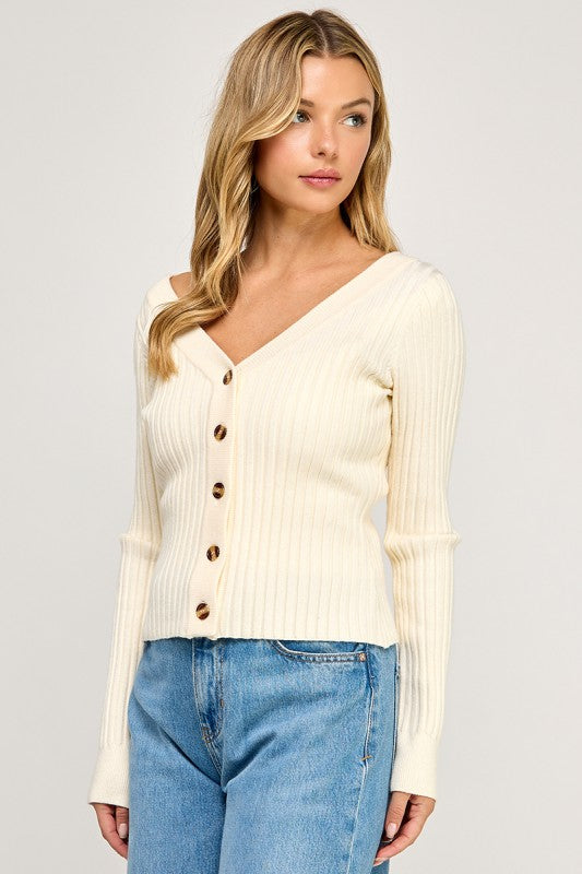 SW5621S Ribbed V-Neck Button Down Cardigan