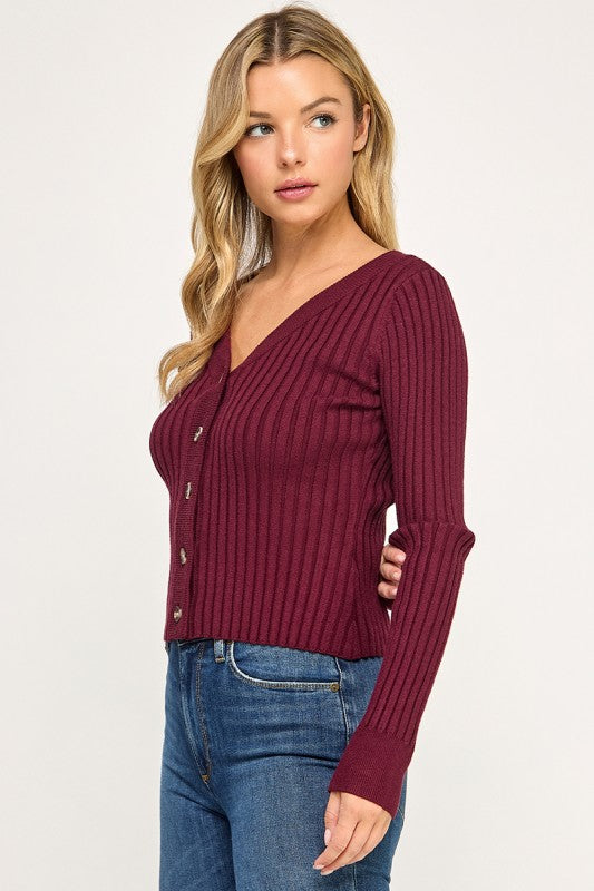 SW5621S Ribbed V-Neck Button Down Cardigan