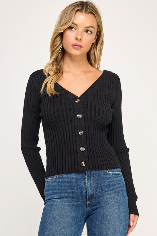 SW5621S Ribbed V-Neck Button Down Cardigan